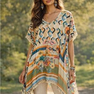Johnny Was Foulard Embroidered Floral Silk Tunic Blouse Mixed Print Size L